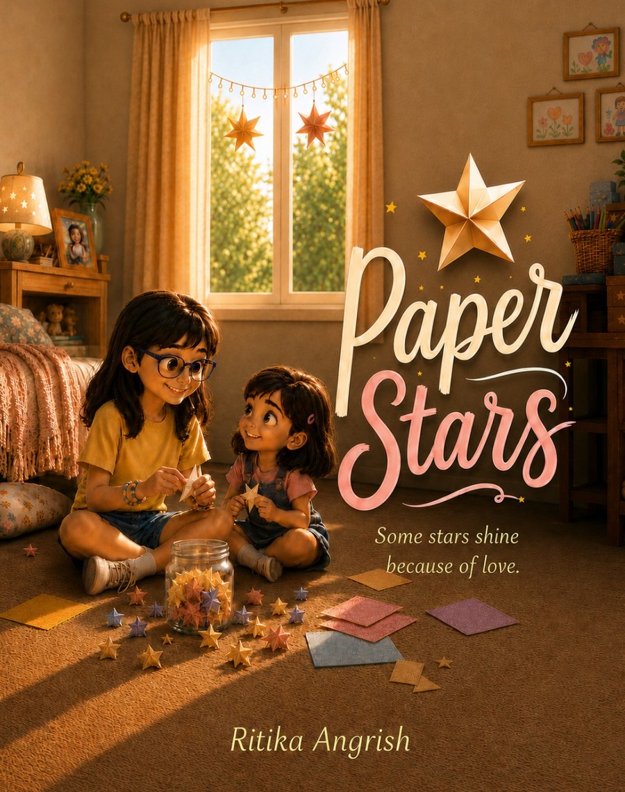 Paper Stars book cover, illustration of two sisters folding paper stars in a sunlit bedroom